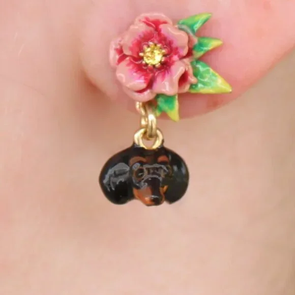 LES NEREIDES Dachshund Floral Earrings - Picture 2 of 2